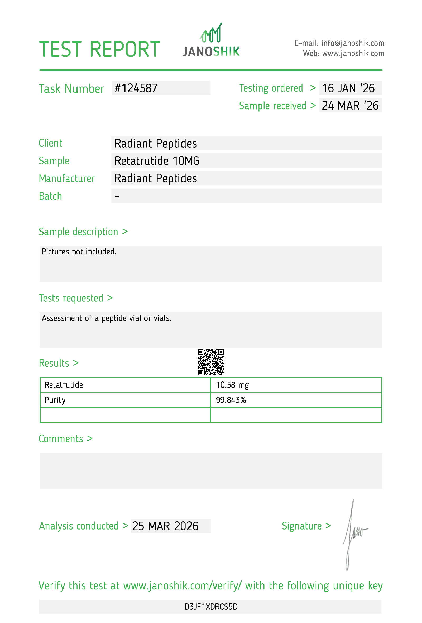 Janoshik-testrapport Retatrutide 10 mg op naam van Radiant Peptides